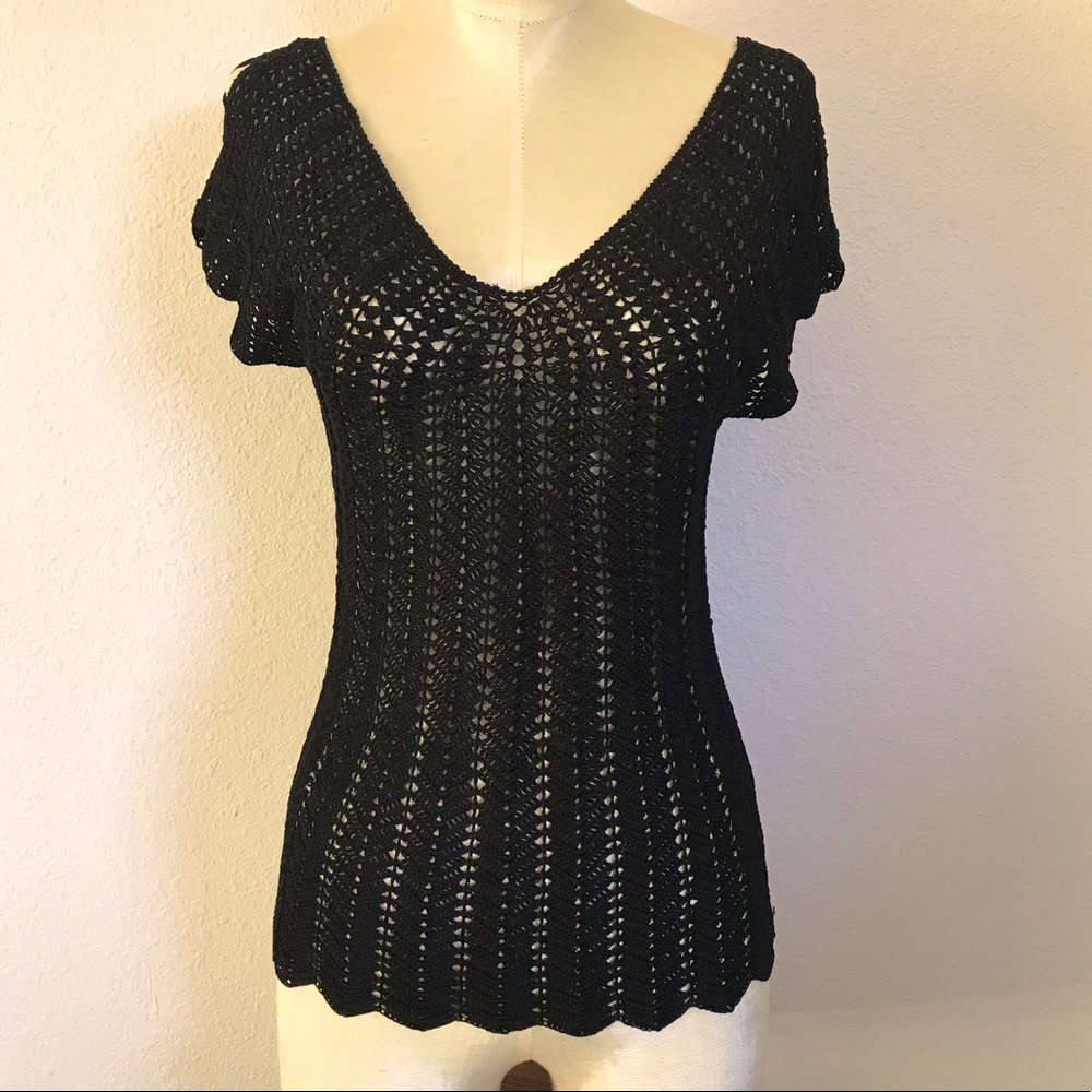 The Limited Handknit Black Top with Scalloped Edge